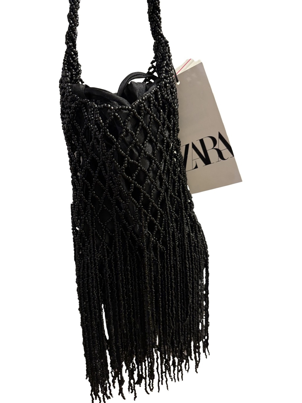 ZARA Black Beaded Macramé Fringe Shoulder Bag - Picture 3 of 5